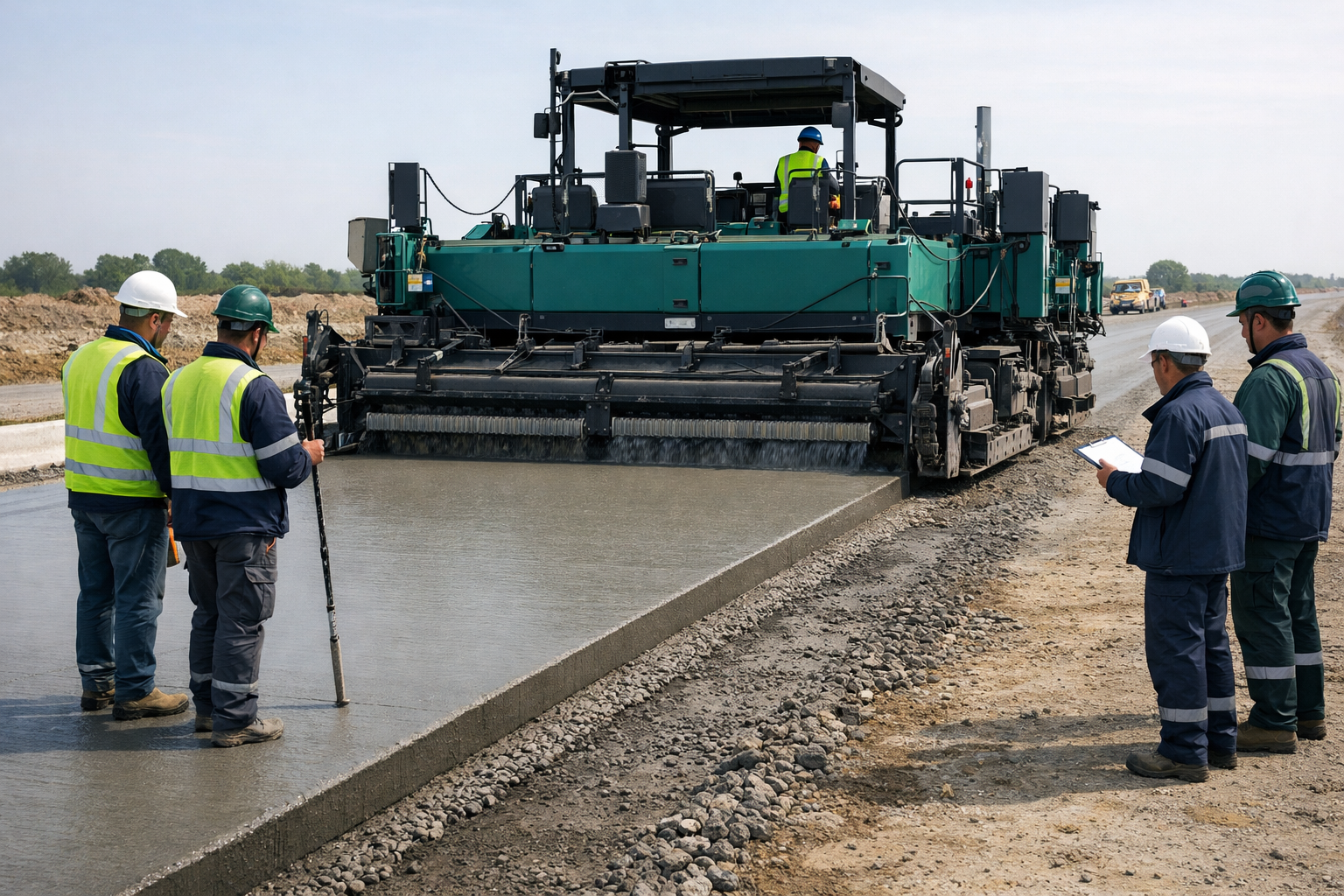 Kayar kalıplı makineyle beton yol serimi ve saha kalite kontrolü